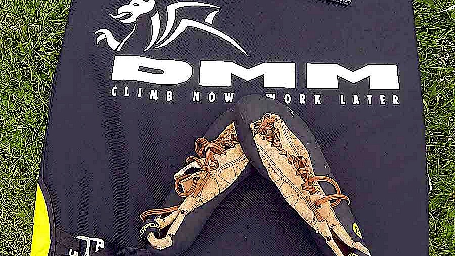 Picture showing the DMM Highball bouldering/soloing mat, chalkbag, La Sportiva Mythos climbing shoes and the all important multi-purpose bar towel.