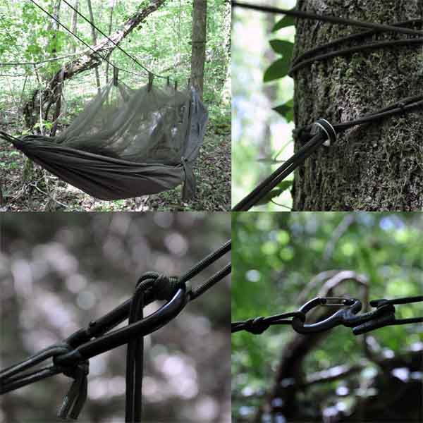 Four images showing clockwise - the mosquito net suspension, the additional thimbles, the included steel carabiner for quick assembly and the niteize figure 9 for adjustment of the guy lines.