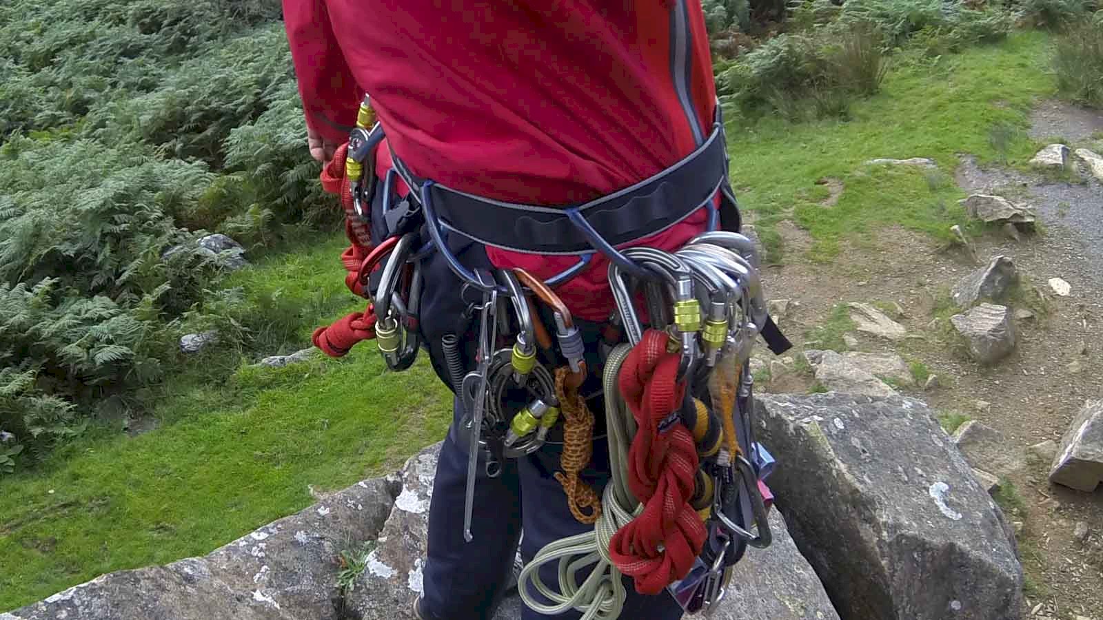 The DMM Super Couloir mountaineering harness racked for a hard scramble.