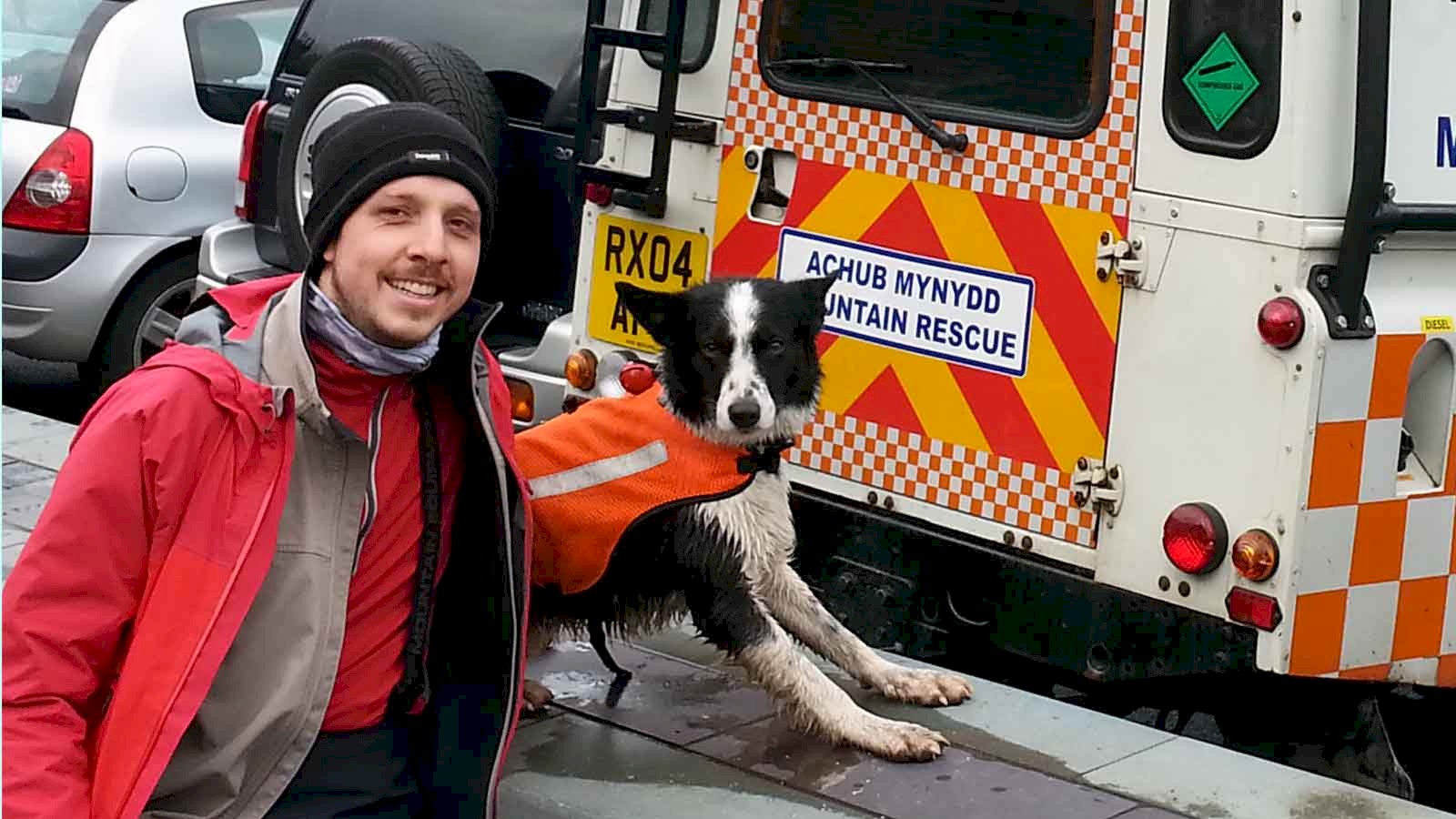 Picture showing the author with Ben, the young border collie back at base after a successful afternoon of hide and seek.