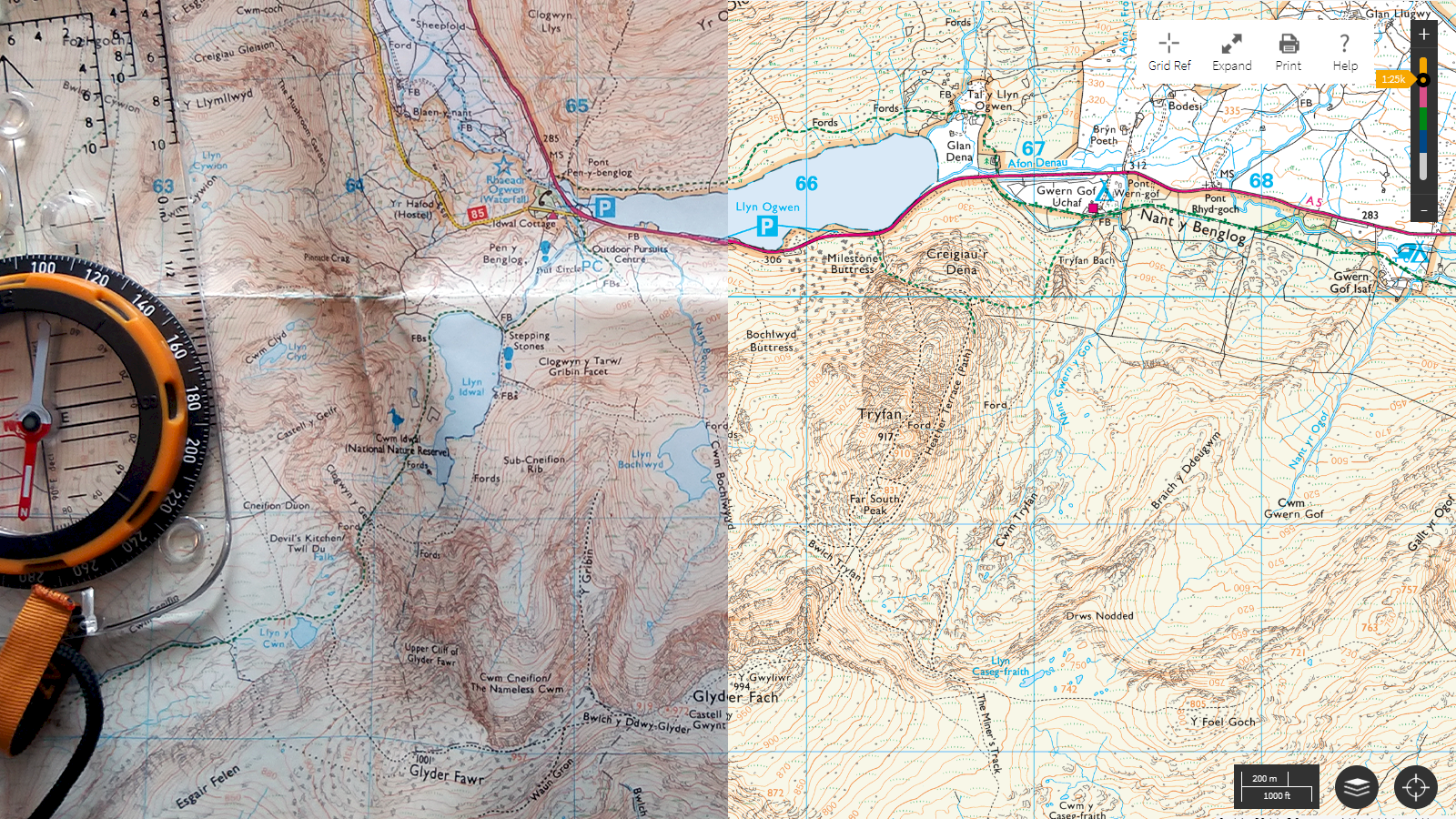 Picture showing half of a paper map with compass and half of a digital map with typical map controls.