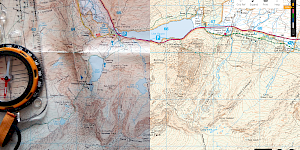 Picture showing half of a paper map with compass and half of a digital map with typical map controls.